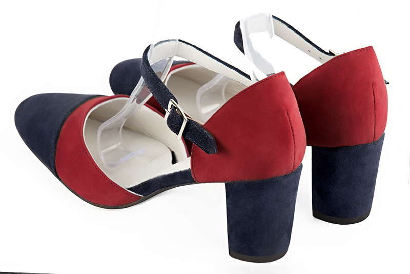 Navy blue and cardinal red women's open side shoes, with an instep strap. Round toe. Medium block heels. Rear view - Florence KOOIJMAN